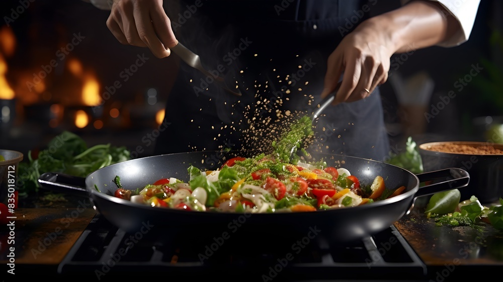 A close-up of a chef's hands in action, tossing ingredients in a pan with skill and finesse A close-up of a chef's hands in action, tossing ingredients in a pan with skill and finesse
