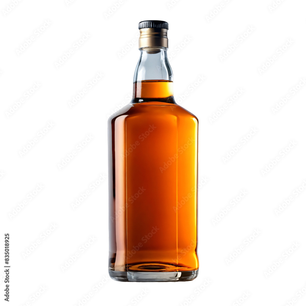 Transparent glass bottle filled with yellow whiskey Transparent glass bottle filled with yellow whiskey