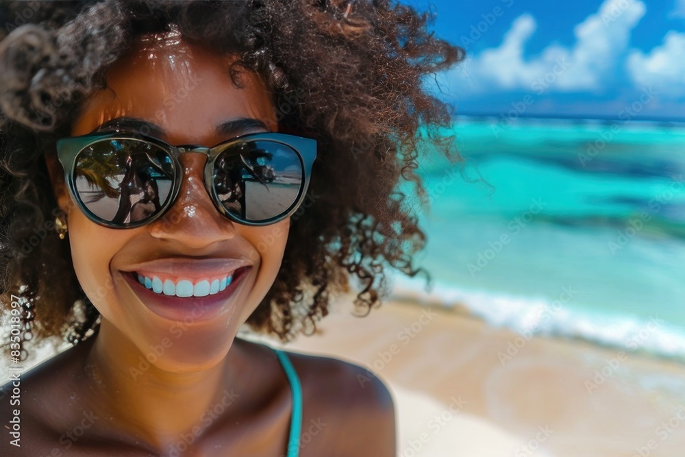 A black woman with curly hair is smiling and wearing sunglasses. She is standing on a beach, enjoying the sun and the ocean view A black woman with curly hair is smiling and wearing sunglasses. She is standing on a beach, enjoying the sun and the ocean view