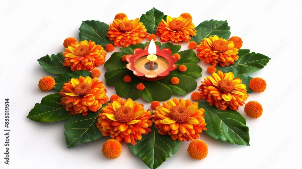 Frontal view Flower Rangoli, vibrant Diwali Festival arrangement, radiant marigolds, lush green leaves, glowing oil lamps, intricate patterns, over pristine white background