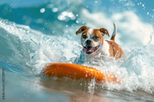 A dog is riding a surfboard in the ocean. The dog is smiling and he is enjoying the ride