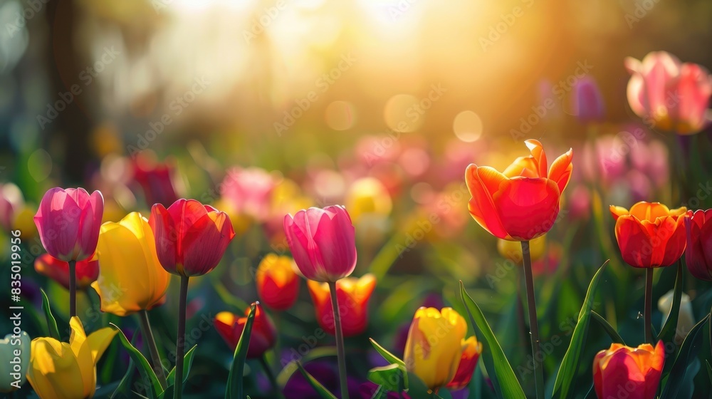 Colorful Tulip Field in Spring Sunlight Colorful Tulip Field in Spring Sunlight