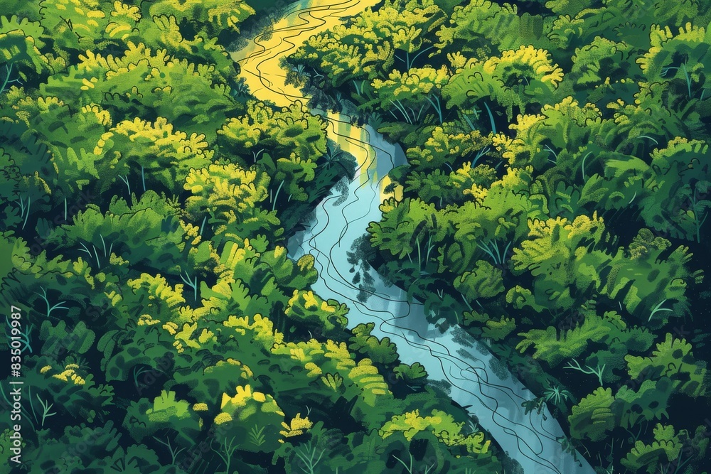 Aerial view of a winding river flowing through a lush, green forest with vibrant foliage under a warm, golden light.