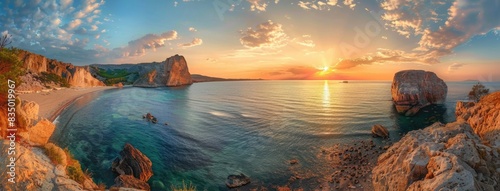 Beautiful panoramic view of colorful sunset over the sea with beach and cliff in background.