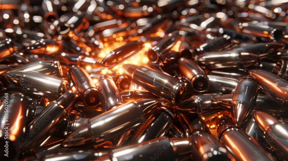 Close-up of shiny bullets with glowing reflections, highlighting their metallic surface and detailed design. Close-up of shiny bullets with glowing reflections, highlighting their metallic surface and detailed design.