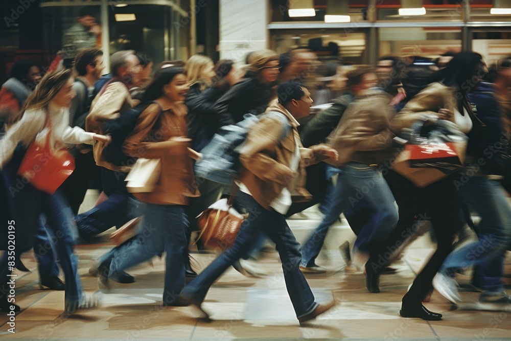 A crowd of people running through a mall. The scene is chaotic and busy, with people carrying backpacks and handbags. Scene is frenzied and energetic, as the people seem to be in a hurry