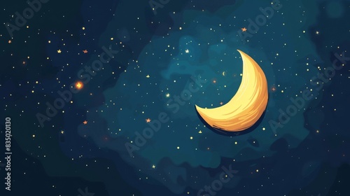 Beautiful digital illustration of a crescent moon with twinkling stars in a serene night sky, perfect for fantasy and dream-themed projects. photo