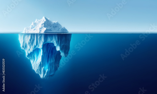 An iceberg above and below water on a clear blue ocean background, illustrating the concept of hidden depth. Generative AI