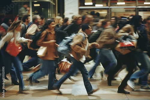 Obraz na płótnie A crowd of people running through a mall. The scene is chaotic and busy, with people carrying backpacks and handbags. Scene is frenzied and energetic, as the people seem to be in a hurry w salonie
