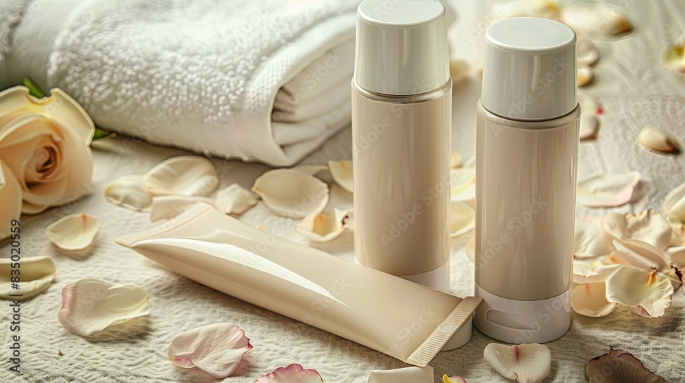 Two tubes of hand and foot cream on a white towel with rose petals. Generative AI Two tubes of hand and foot cream on a white towel with rose petals. Generative AI