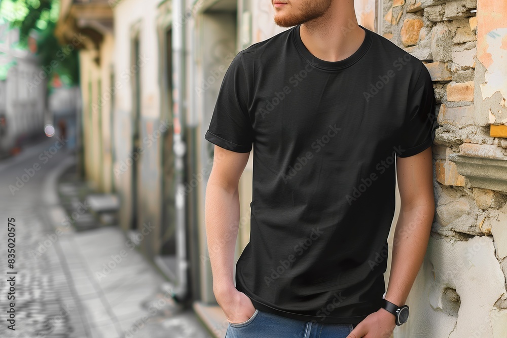 T-Shirt Mockup: junger athletischer Mann mit schwarzem T-Shirt auf einer Straße in der Stadt; freier Platz für ein T-Shirt Design vorne auf der Brust T-Shirt Mockup: junger athletischer Mann mit schwarzem T-Shirt auf einer Straße in der Stadt; freier Platz für ein T-Shirt Design vorne auf der Brust