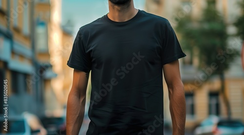 T-Shirt Mockup: junger athletischer Mann mit schwarzem T-Shirt auf einer Straße in der Stadt; freier Platz für ein T-Shirt Design vorne auf der Brust photo
