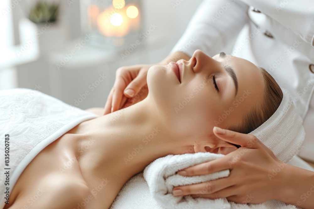 Portrait of young female having cosmetic treatment. Portrait of young female having cosmetic treatment.