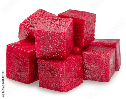 Raw red beetroot cubes isolated on white background. photo