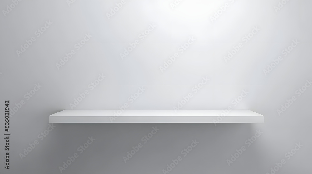 Universal minimalistic background for product presentation. White empty shelf on a light gray wall. Universal minimalistic background for product presentation. White empty shelf on a light gray wall.