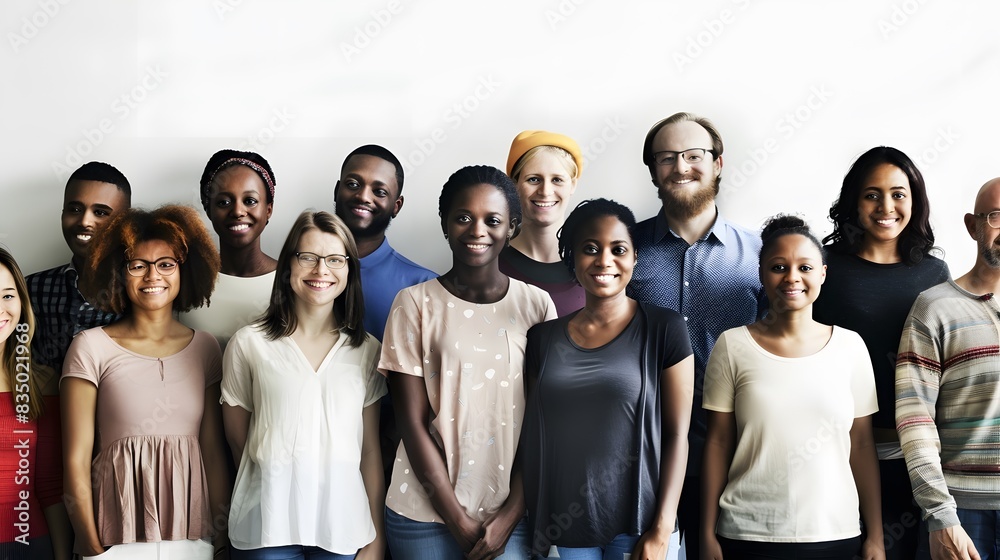 A diverse group of young adults smiling and standing together against a plain background, showcasing unity and multicultural friendship. A diverse group of young adults smiling and standing together against a plain background, showcasing unity and multicultural friendship.