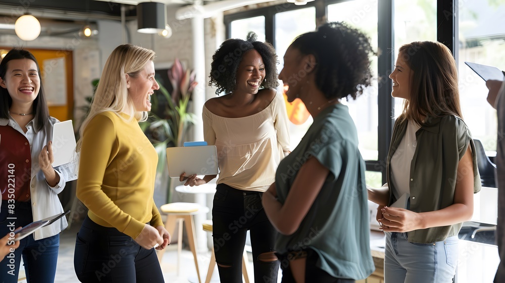Diverse group of women chatting and enjoying a vibrant discussion in a modern office setting, capturing a friendly and collaborative atmosphere. Diverse group of women chatting and enjoying a vibrant discussion in a modern office setting, capturing a friendly and collaborative atmosphere.
