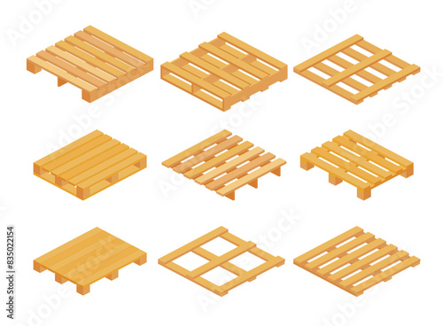 Set of wooden pallets set collection, Wood pallets for Stacking Freight from Different Sides, Wood trays for cargo loading and transportation, Pallet Skid, Storaging And Protecting Delivery Goods.
