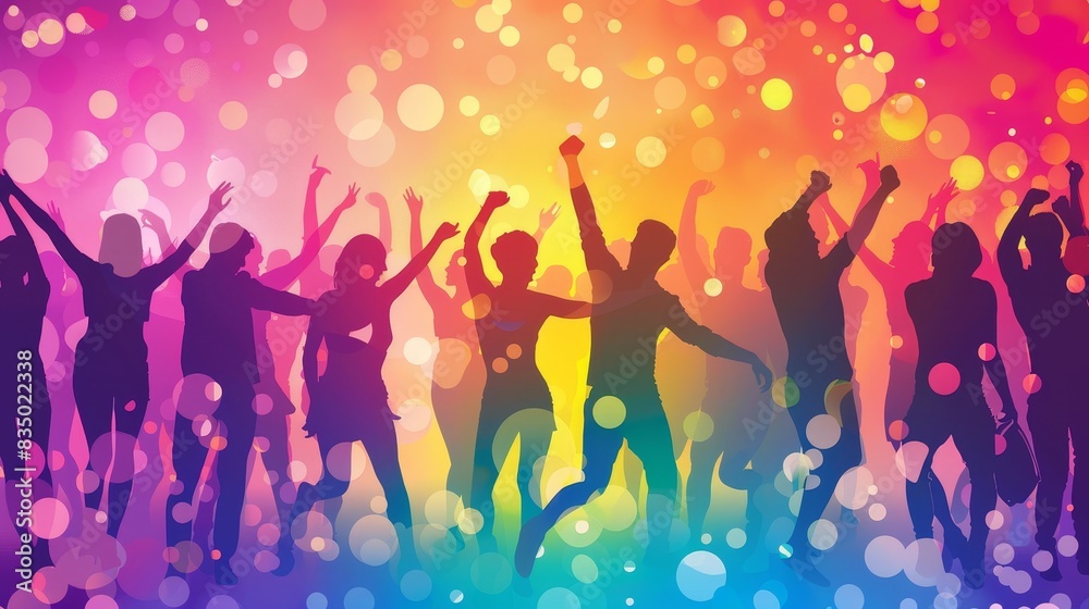 Silhouette of people dancing at a party with a vibrant, colorful background and bokeh lights. Silhouette of people dancing at a party with a vibrant, colorful background and bokeh lights.