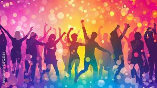 Silhouette of people dancing at a party with a vibrant, colorful background and bokeh lights.
