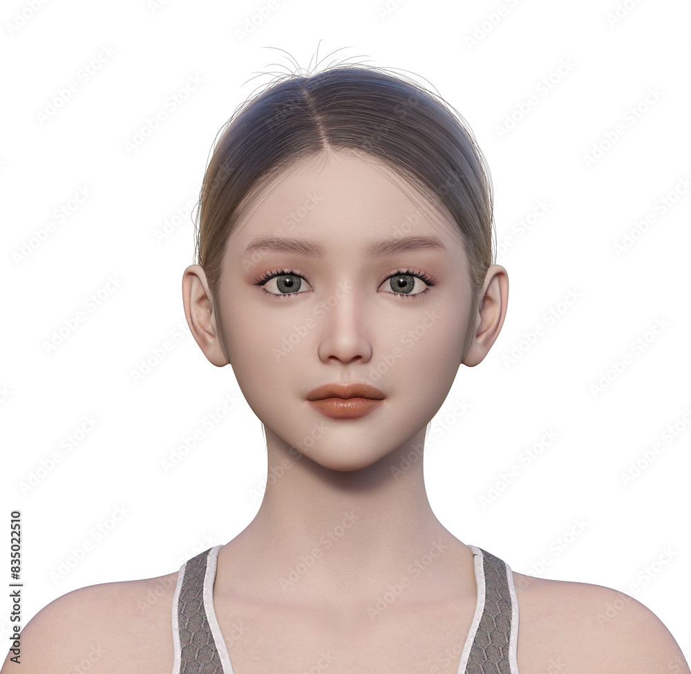 目を開けた女性の顔正面アップのイラスト ナチュラルでかわいい日本人モデルの上半身バストアップ