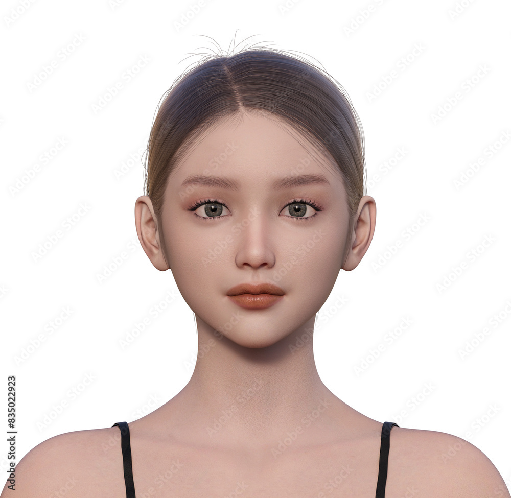 3D女性の正面ポートレートイラスト 自然な表情のリアル人物素材