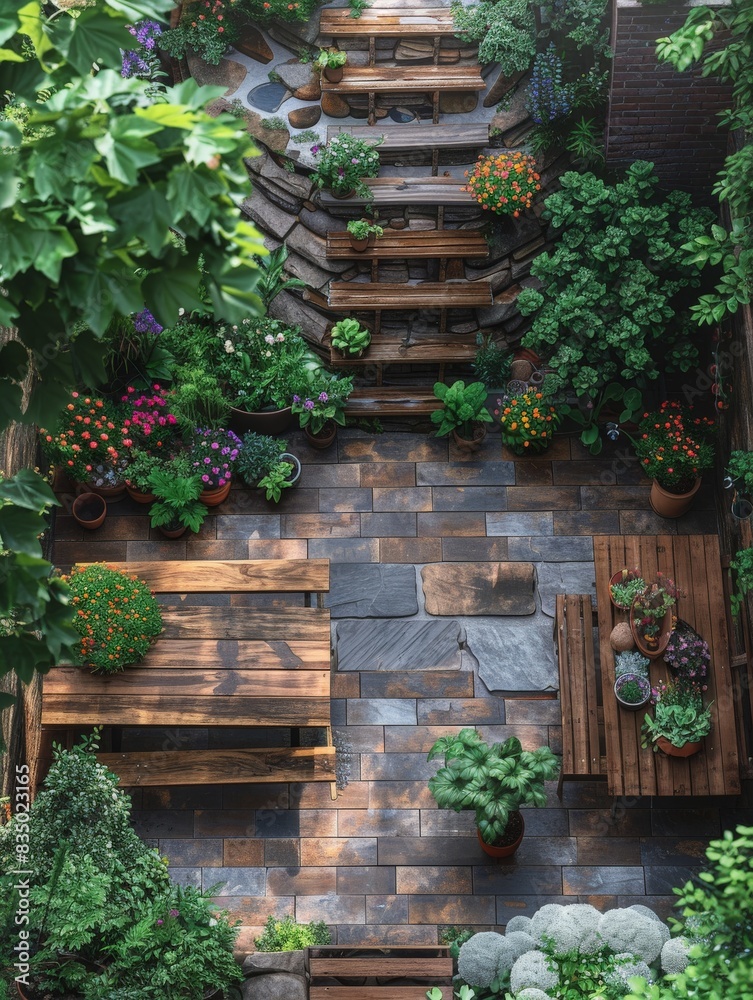 Fototapeta premium An overhead view of a small garden in an urban backyard, featuring vegetables, flowers, and a rustic bench. The minimalist setting focuses on the sustainable and peaceful aspect of having a home