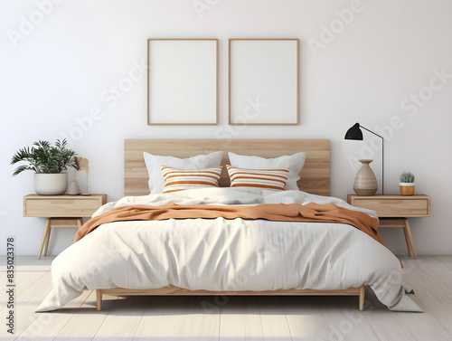 Set of 2 empty wooden frames for wall art mock up. Boho bedroom interior in neutral beige tones. Wooden double bed with pillows.