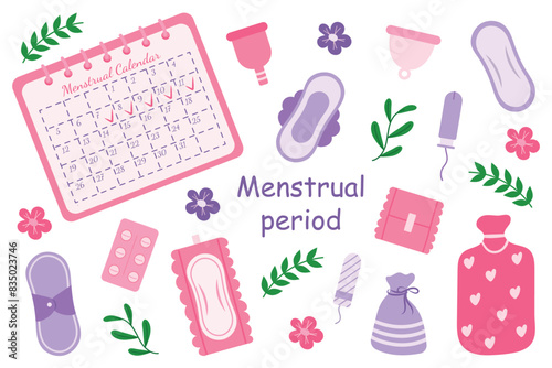 Set of accessories for menstruation. Feminine hygiene elements during period. Pads, tampons