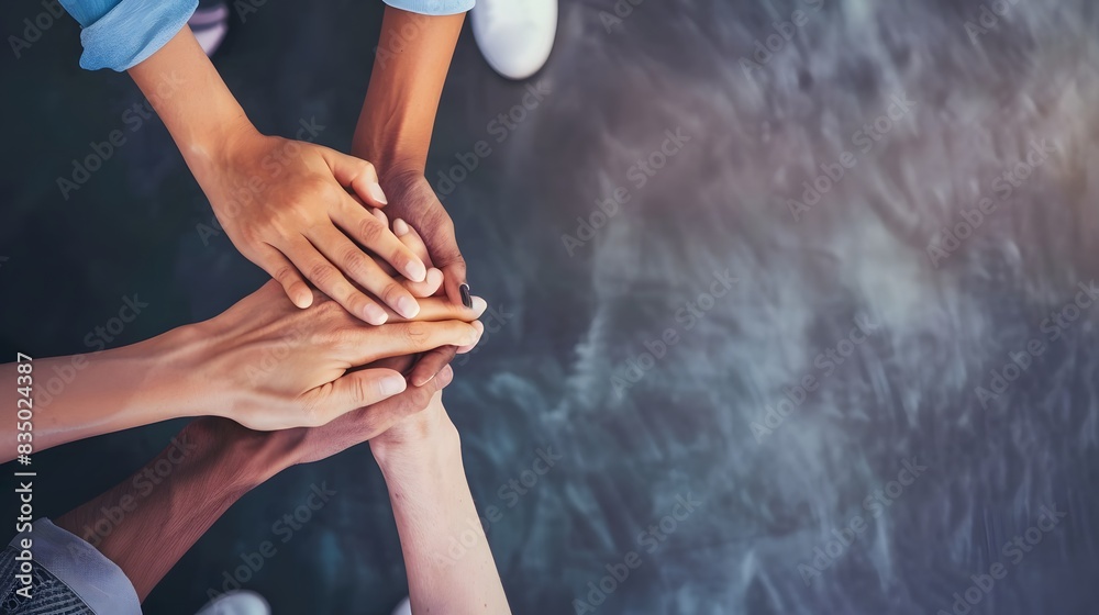 Fototapeta premium Diverse hands stacking together in a symbolic gesture of unity and teamwork, highlighting the importance of collaboration and mutual support.