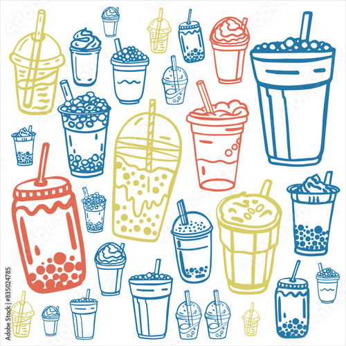 Hand drawn bubble milk tea set with cute doodle decoration. Boba milk tea and yummy drinks vector illustration. Cold tea. Realistic.
