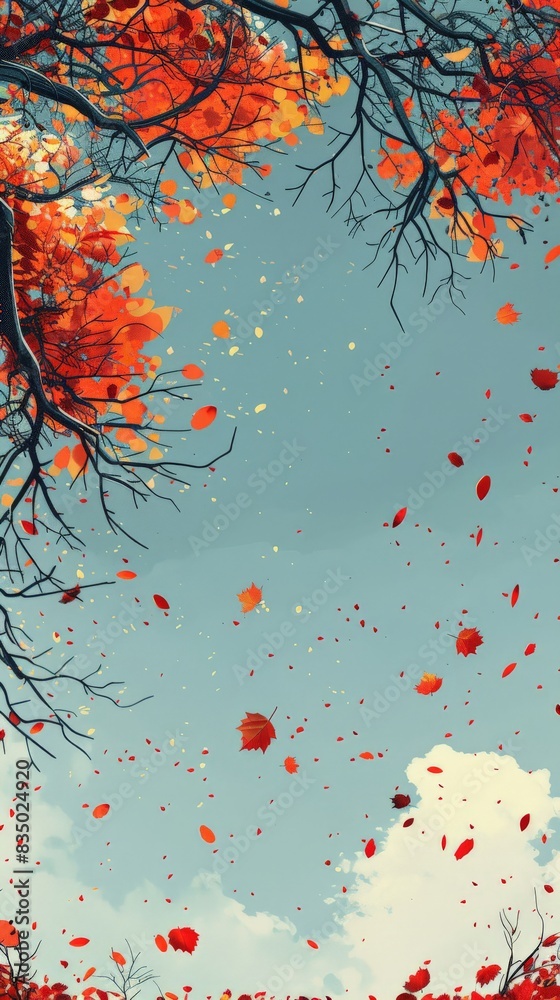 Depict the crisp air of autumn with a minimalist digital artwork featuring a clear blue sky and the sharp, clean lines of bare branches or fallen leaves. Use cool, crisp colors and simple, geometric Depict the crisp air of autumn with a minimalist digital artwork featuring a clear blue sky and the sharp, clean lines of bare branches or fallen leaves. Use cool, crisp colors and simple, geometric