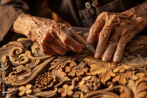 An elderly man is carving a design into a piece of wood with a knife. Concept of patience and dedication, as the man carefully carves intricate details into the wood