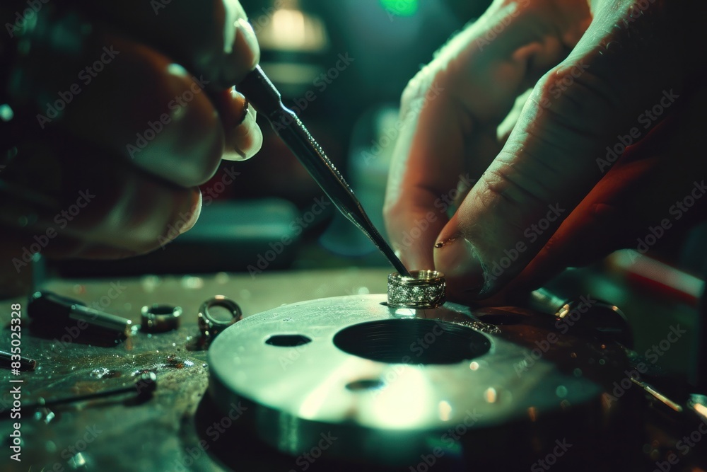 Naklejka premium A man is polishing a ring with a brush. The ring is made of gold and has diamonds. The man is wearing gloves while working on the ring