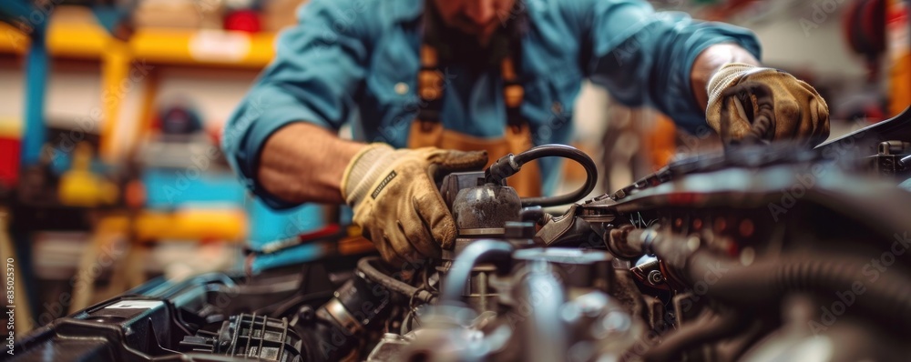 A man is working on a car engine. Mechanic fixing and engine A man is working on a car engine. Mechanic fixing and engine