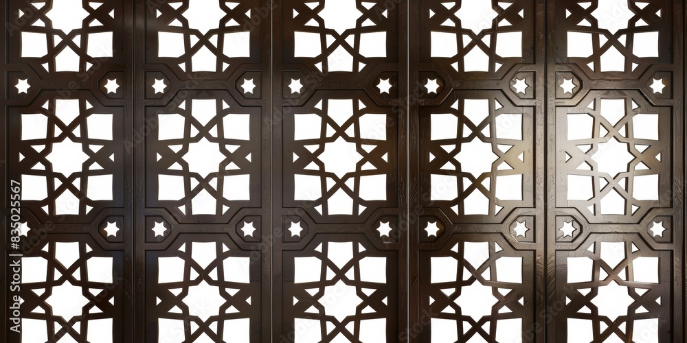 Windows pattern Arabic. An intricately designed Islamic wall with elegant arches, marble columns ornate gold accents. detailed craftsmanship and luxurious materials create a rich, majestic ambiance