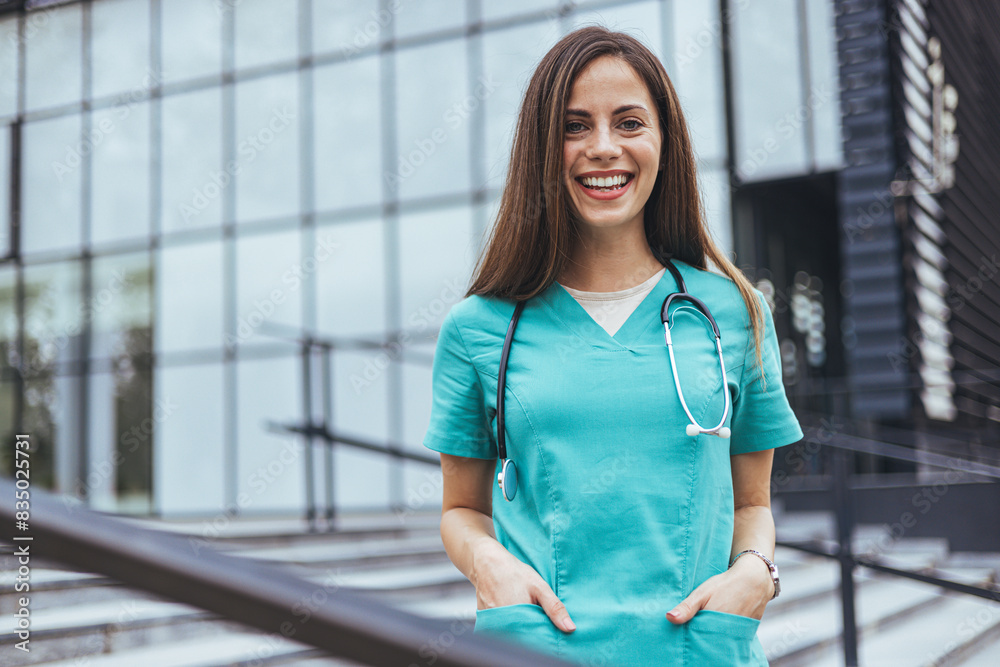 A joyful Caucasian female nurse poses outdoors, sporting a teal scrub with a stethoscope around her neck and her hands casually placed in her pockets.