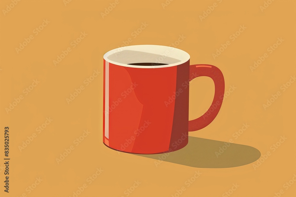 Minimalistic illustration of a red coffee mug on a beige background, perfect for design, coffee shop branding, and morning routine concepts.