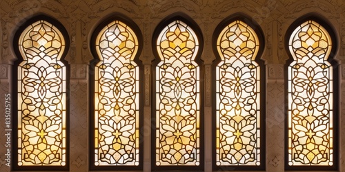 Windows pattern Arabic. An intricately designed Islamic wall with elegant arches  marble columns ornate gold accents. detailed craftsmanship and luxurious materials create a rich  majestic ambiance