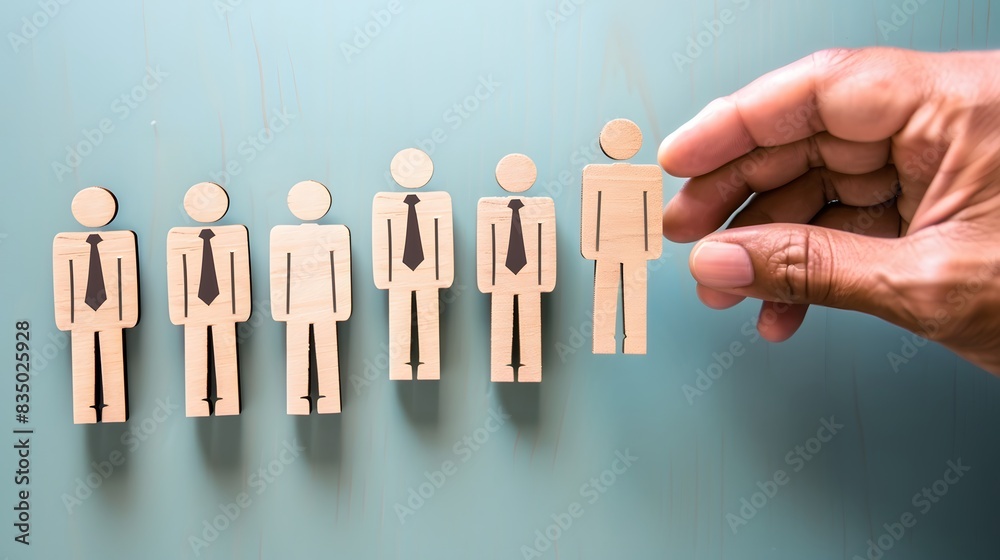 A hand selecting a wooden figure among several, symbolizing recruitment, hiring decisions, and human resource management. A hand selecting a wooden figure among several, symbolizing recruitment, hiring decisions, and human resource management.