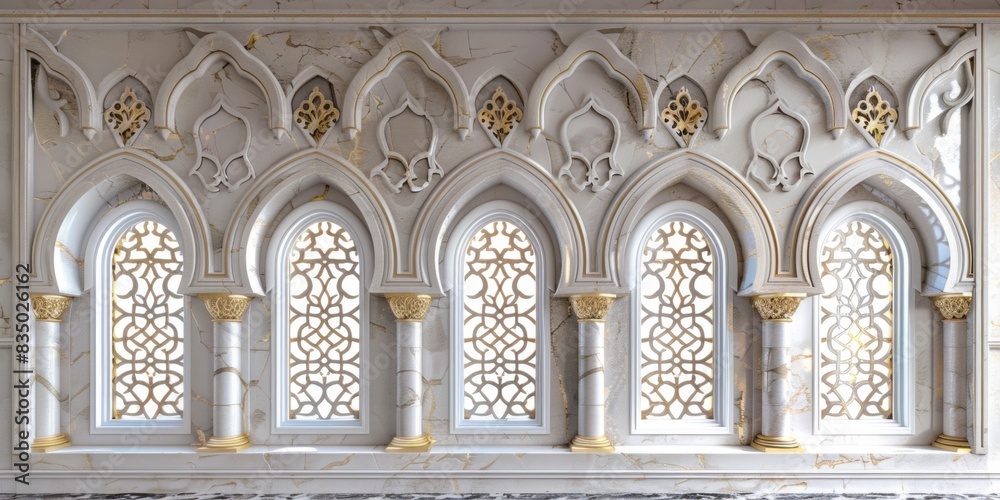 Fototapeta premium Windows pattern Arabic. An intricately designed Islamic wall with elegant arches, marble columns ornate gold accents. detailed craftsmanship and luxurious materials create a rich, majestic ambiance