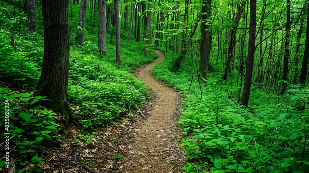 Obraz premium serene forest footpath winding through lush green foliage nature landscape photo