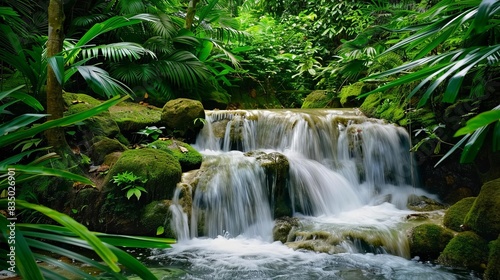 serene forest waterfall cascading over mossy rocks amidst lush green foliage nature photography