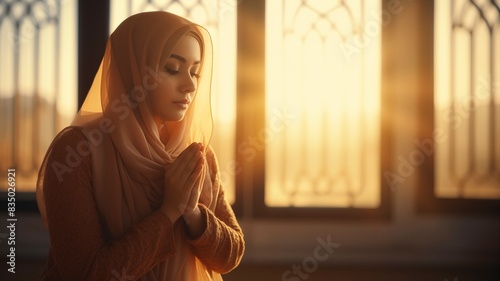 Young muslim woman prayer with hijab pray to God on blur mosque background concept for eid mubarak, life and soul fasting of international islamic ramadan sunlight, copy space, generative ai