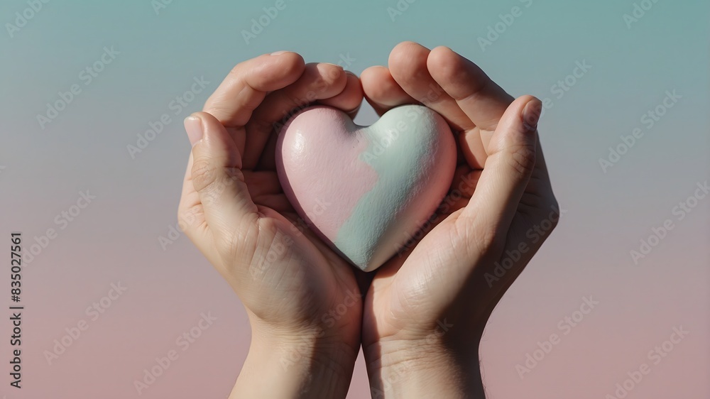 Obraz premium A soft pastel background featuring a heart being held gently by a pair of hands powerful, emphasizing, care, and compassion