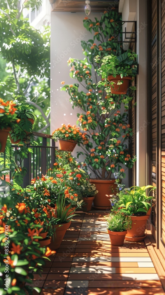 Obraz premium 29051000 09 Create a digital artwork of a balcony garden, showcasing potted plants and small trees. Use a clean, modern style with a focus on simplicity and tranquility, using a cohesive color scheme