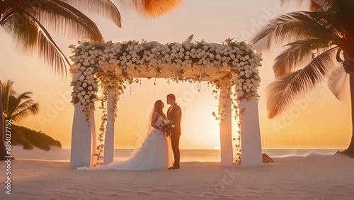 Bride and groom kissing on the wedding ceremony on sand beach near decorated wedding arch. Tropical summer wedding