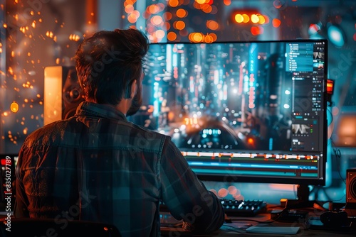 A video editor meticulously editing footage on a highresolution monitor close up, precision theme, realistic, blend mode, editing studio backdrop