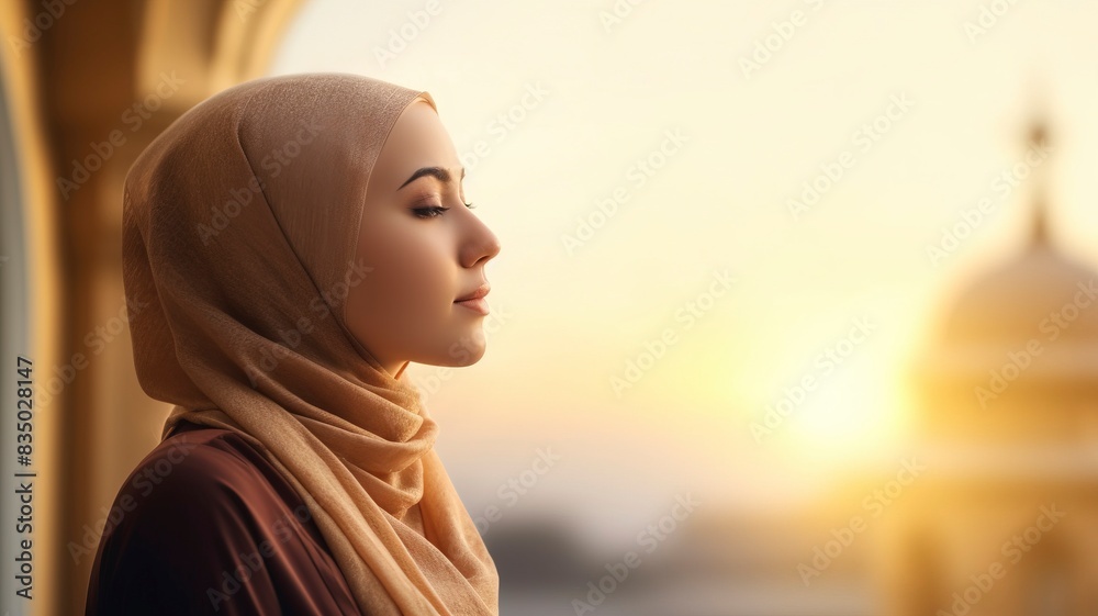 Young muslim woman prayer with hijab pray to God on blur mosque background concept for eid mubarak, life and soul fasting of international islamic ramadan sunlight, copy space, generative ai Young muslim woman prayer with hijab pray to God on blur mosque background concept for eid mubarak, life and soul fasting of international islamic ramadan sunlight, copy space, generative ai