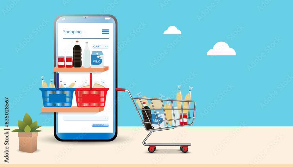 Shopping online concept using smartphone decorated with paper bag cart, basket shop, trolley, cloud and credit card, vector.
